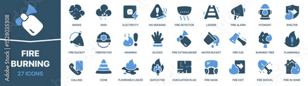 Obraz Fire and burning colored signed icon collection. Smoke, ladder, hydrant, firefighter, shovel icons. UI icon set. Colored icons pack. Vector illustration