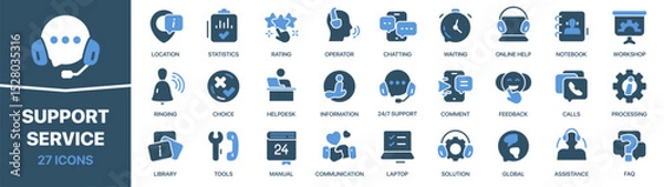 Obraz Support service colored signed icon collection. Operator, rating, help, manual, assistance icons. UI icon set. Colored icons pack. Vector illustration