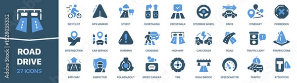 Obraz Road and drive colored signed icon collection. Traffic, street, crossing, inspector, speedometer icons. UI icon set. Colored icons pack. Vector illustration