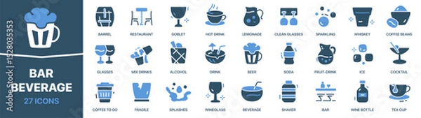 Obraz Bar and beverage colored signed icon collection. Barrel, drink, whiskey, glasses, alcohol, beer icons. UI icon set. Colored icons pack. Vector illustration
