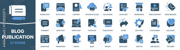 Obraz Blog and publication colored signed icon collection. Post, social media, comment, document icons. UI icon set. Colored icons pack. Vector illustration