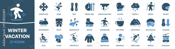 Obraz Winter vacation colored signed icon collection. Snow, skier, snowboard, sled, spruce icons. UI icon set. Colored icons pack. Vector illustration