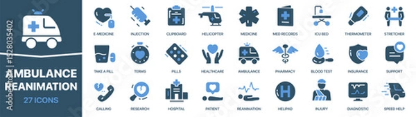Obraz Ambulance and reanimation colored signed icon collection. Medicine, stretcher, healthcare, pharmacy, hospital icons. UI icon set. Colored icons pack. Vector illustration