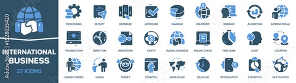 Obraz International business colored signed icon collection. Deal, diagram, webinar, union, audit, profit icons. UI icon set. Colored icons pack. Vector illustration