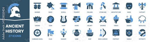 Obraz Ancient history colored signed icon collection. Helmet, scroll, column, harp, swords icons. UI icon set. Colored icons pack. Vector illustration
