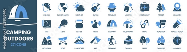 Obraz Camping and outdoors colored signed icon collection. Fishing, traveler, forest, road, trekking icons. UI icon set. Colored icons pack. Vector illustration