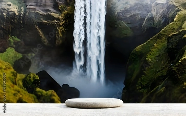 Fototapeta Nature backround for product placement, 3D waterfall landscape mockup backdrop for product and cosmetic presentation, backdrop photo for package or packaging box container