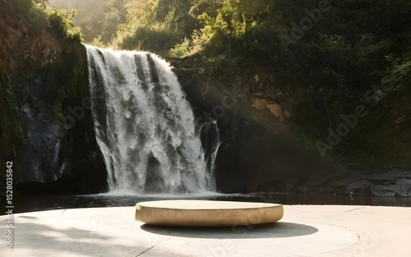 Fototapeta Nature backround for product placement, 3D waterfall landscape mockup backdrop for product and cosmetic presentation, backdrop photo for package or packaging box container