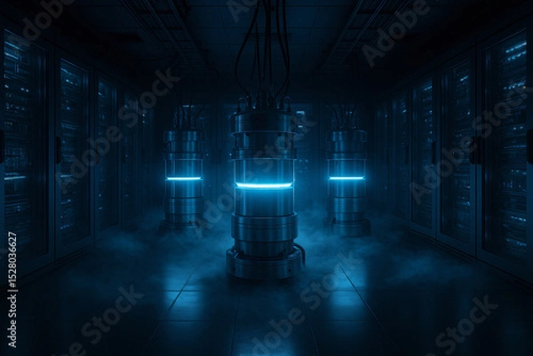 Fototapeta A futuristic quantum computing core glowing in a high-tech data center, surrounded by mist, symbolizing advanced technology, innovation, and digital infrastructure.