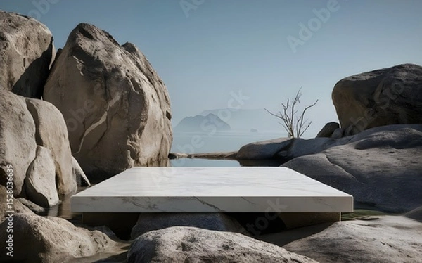 Fototapeta Nature backround for product placement, 3D waterfall landscape mockup backdrop for product and cosmetic presentation, backdrop photo for package or packaging box container