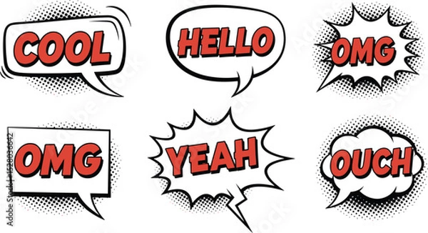 Obraz Set of retro comic speech bubbles with halftone effect design. Various exclamations, including 'Cool', 'Hello', 'OMG', 'Yeah', and 'Ouch' are depicted inside the bubbles. Vector illustration.