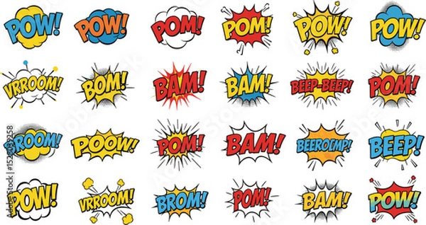 Obraz A vibrant collection of comic speech bubbles featuring classic onomatopoeic expressions like Pow!, Bam!, and Vroom!.