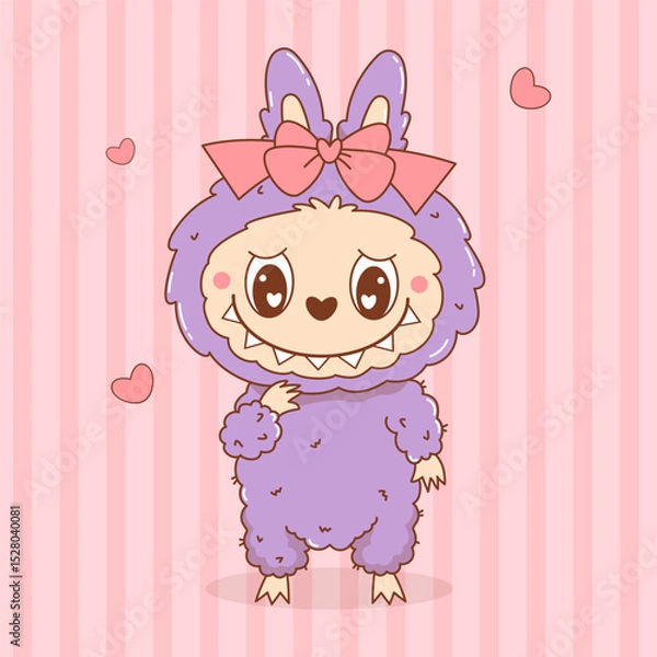 Fototapeta Cute Monster Toy Girl with bow. Romantic Funny kawaii Fluffy Character on Pink Stripe Background. Vector illustration. Kids collection for sticker, mascot and design