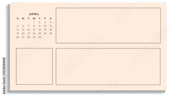 Fototapeta Minimalist April 2026 Calendar with Notes - Printable Template. Digital Vector Planner