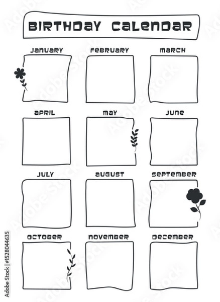 Fototapeta 2026 Birthday Calendar - One Page Yearly Reminder Planner Doodle Style Vector Minimalistic Calendar