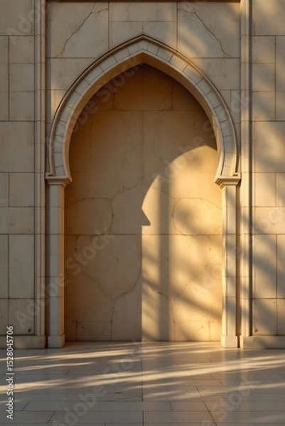 Fototapeta islamic arch casting shadows in golden light on neutral backdrop, subject on the right side, leaving space on the left for text, perfect for islamic banner design.