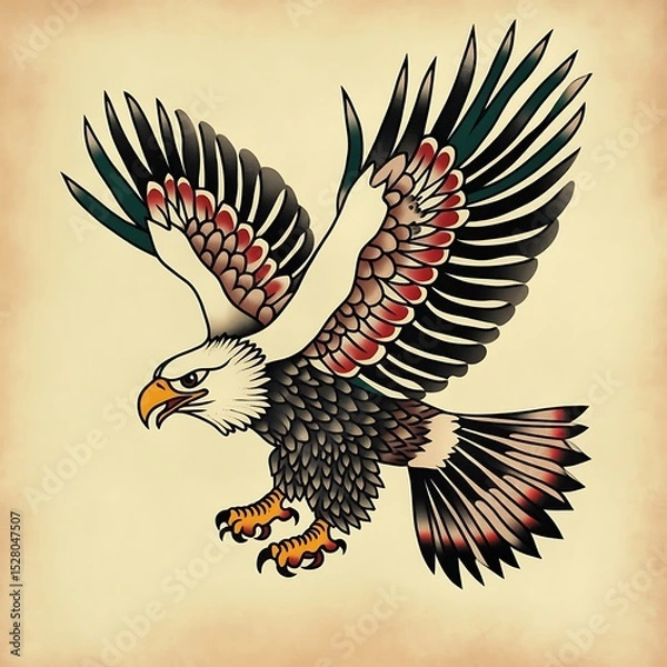 Obraz Tattoo style soaring eagle with floral accent in traditional flash art concept for design and illustration