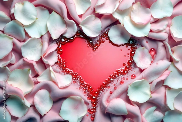 Fototapeta Heart shaped in rose petals with pearls