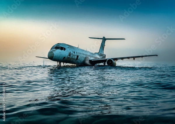 Obraz Abandoned Airplane Floating on Ocean Surface