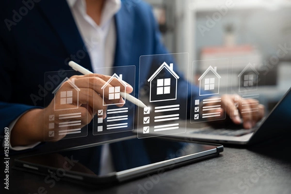 Fototapeta Businessman reviews real estate documents on laptop, Online property management, Digital housing contract, investment planning, Smart organization of real estate transactions using modern tools.