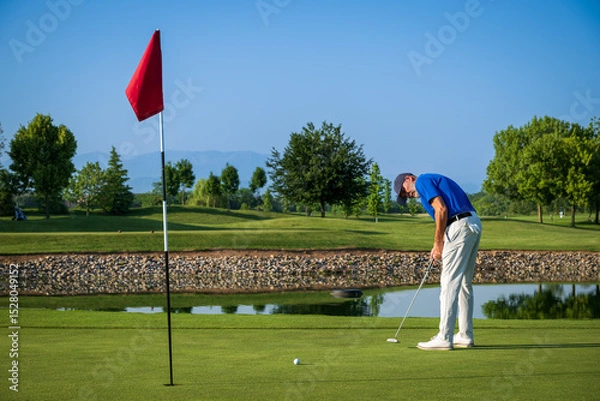 Fototapeta Golfer putting the ball on the green of a beautiful golf course