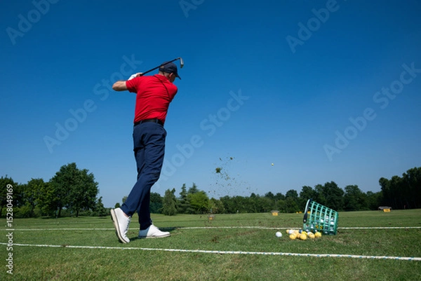 Fototapeta Golfer swinging golf club on driving range, hitting ball into the air