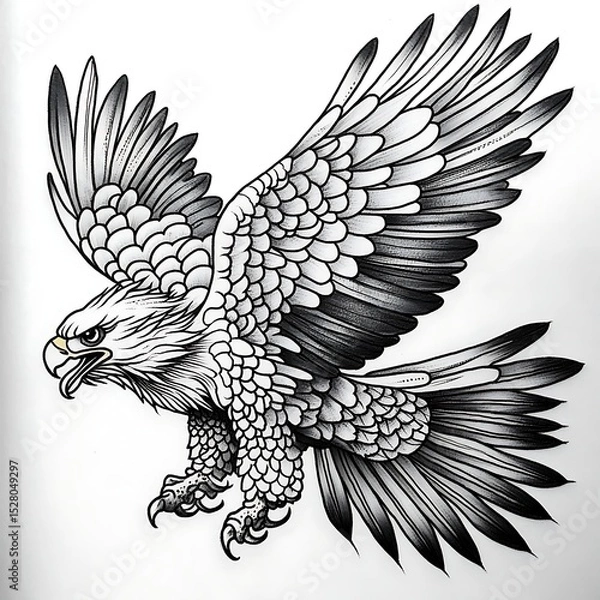 Obraz Traditional eagle tattoo with aggressive expression and flower element in retro American vintage tattoo style