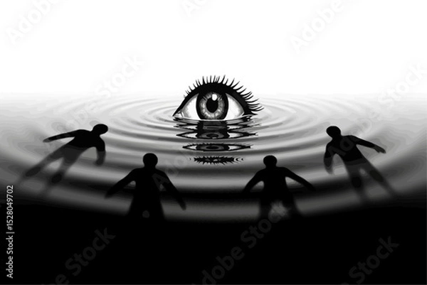 Fototapeta A large eye with intricate eyelashes reflected in rippling dark water, human silhouettes surrounding seemingly drawn towards eye. 