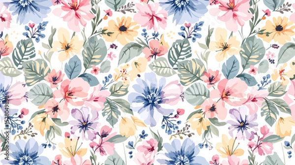 Fototapeta Colorful watercolor flowers seamless pattern transparent background	