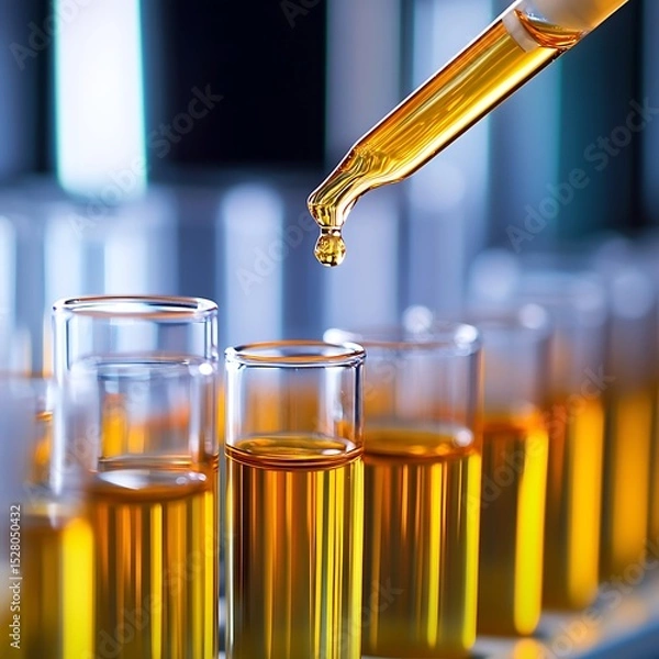 Obraz Transparent test tubes filled with orange solution and pipette drop for modern chemistry and science designs image