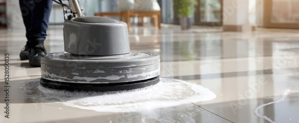 Fototapeta The professional floor scrubber performing a deep clean on shiny tiles.
