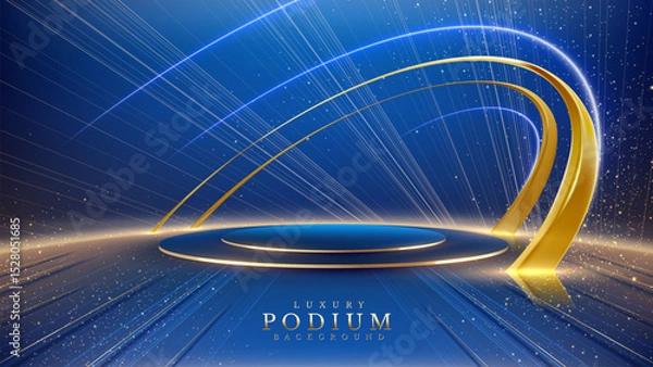 Fototapeta Empty podium golden on blue background with light neon effects with bokeh decorations. Luxury scene design concept. Vector illustrations.