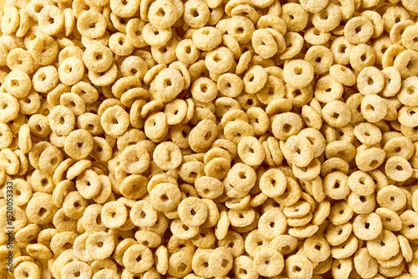 Fototapeta Whole grain cereal rings  texture, close up, top view. Crispy healthy cereal rings as background.