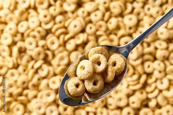 Fototapeta Whole grain cereal rings  in a metal spoon of above cereal loops as background. Copy space for text.