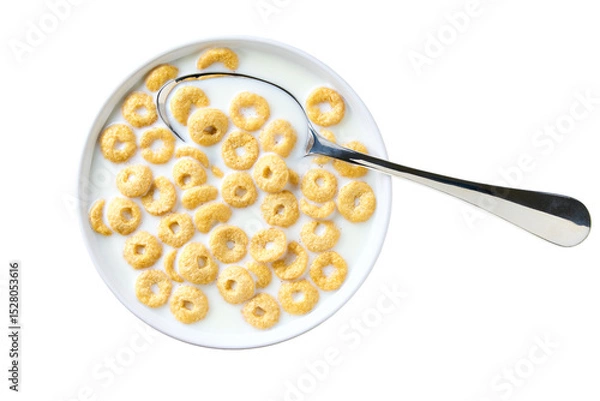 Fototapeta bowl with whole grain cereal rings with milk isolated on white background. Top view.