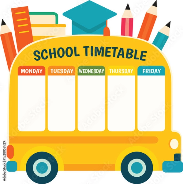 Fototapeta School timetable design featuring colorful bus with sections for each weekday. bus is adorned with school supplies like pencils and books