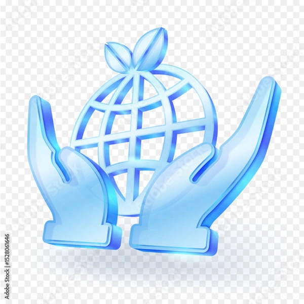 Fototapeta Two translucent, glass blue hands gently cradle a stylized globe with leaves sprouting from the top, symbolizing environmental protection and global sustainability. 3D Vector illustration icon.