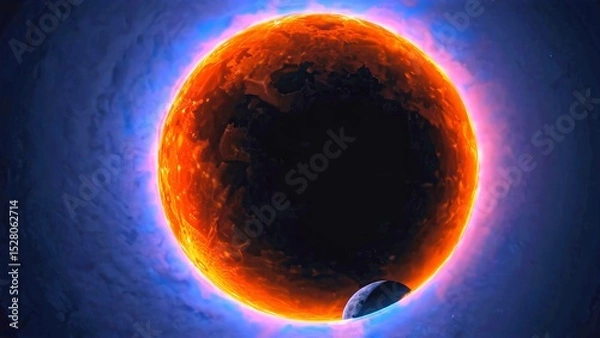 Fototapeta Eclipse glows with fiery red corona, dark planet shadow cuts light ring, eclipse repeats twice through cosmic tension and solar energy across electric sky gradient.