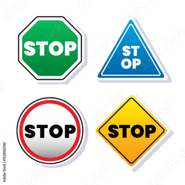 Fototapeta illustration cartoon vector Stop sign board collection set isolated on white background. Road regulatory signs board.