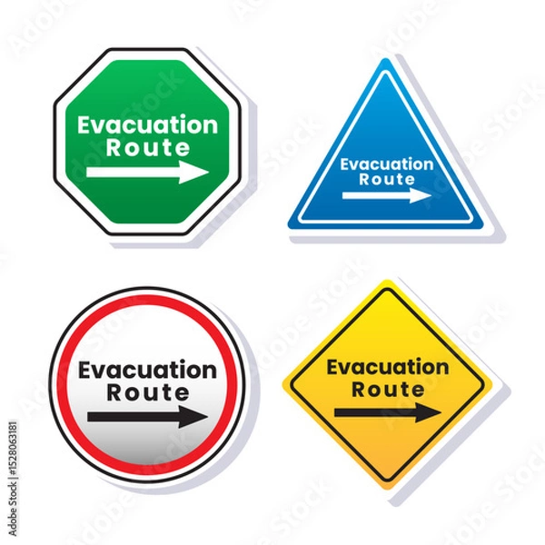 Fototapeta Evacuation route sign for emergency exit in the building, outdoors and others isolated on white background