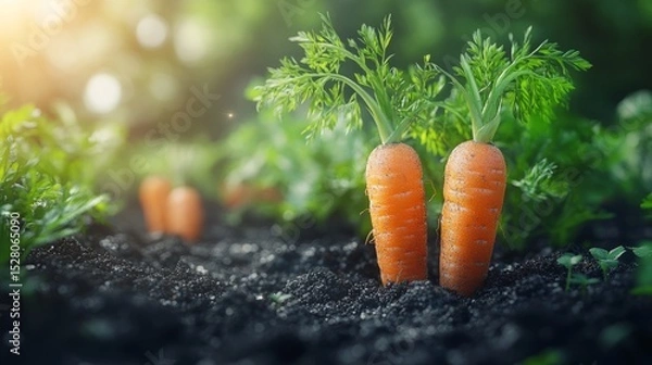Fototapeta two ripe carrots with green leaves on top, partially emerging from dark soil in a garden against a background of more blurred carrots and soft sunlight