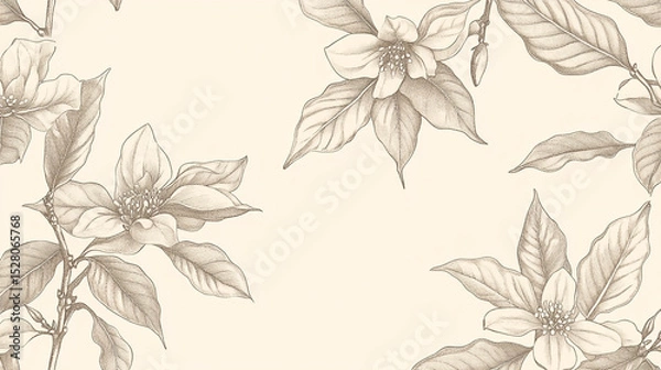 Fototapeta A seamless pattern featuring delicate, hand-drawn coffee plant leaves, flowers, and berries in sepia tones on a plain background.