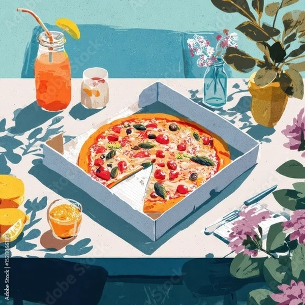 Obraz Pizza in a box on a table outdoors.