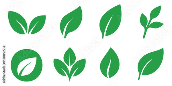 Obraz Green eco-friendly leaf icon set in minimalist style showing different leaf shapes for sustainability and nature theme