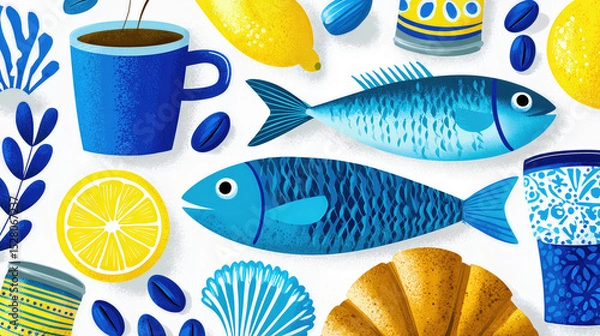Fototapeta Colorful Mediterranean seafood and coffee elements illustration with vibrant design