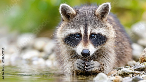 Fototapeta Raccoon washing its paws in a natural stream with gentle water flow