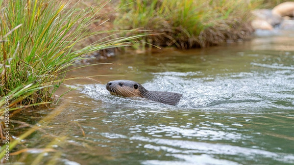 Fototapeta Platypus swimming in a serene Australian river surrounded by grass and water