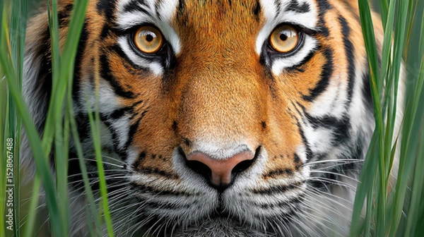 Fototapeta Close-up of a tiger's gaze between lush green grass