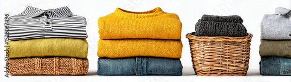 Fototapeta Neatly folded clothing stacks in yellow and gray tones alongside a wicker basket