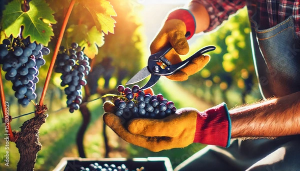 Fototapeta Vineyard worker wearing protective gloves carefully harvests a bunch of ripe grapes using pruning shears under the warm sunlight.